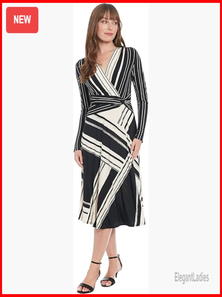 Geometric Print Midi Wrap Dress With Long Sleeves - Special Occasion